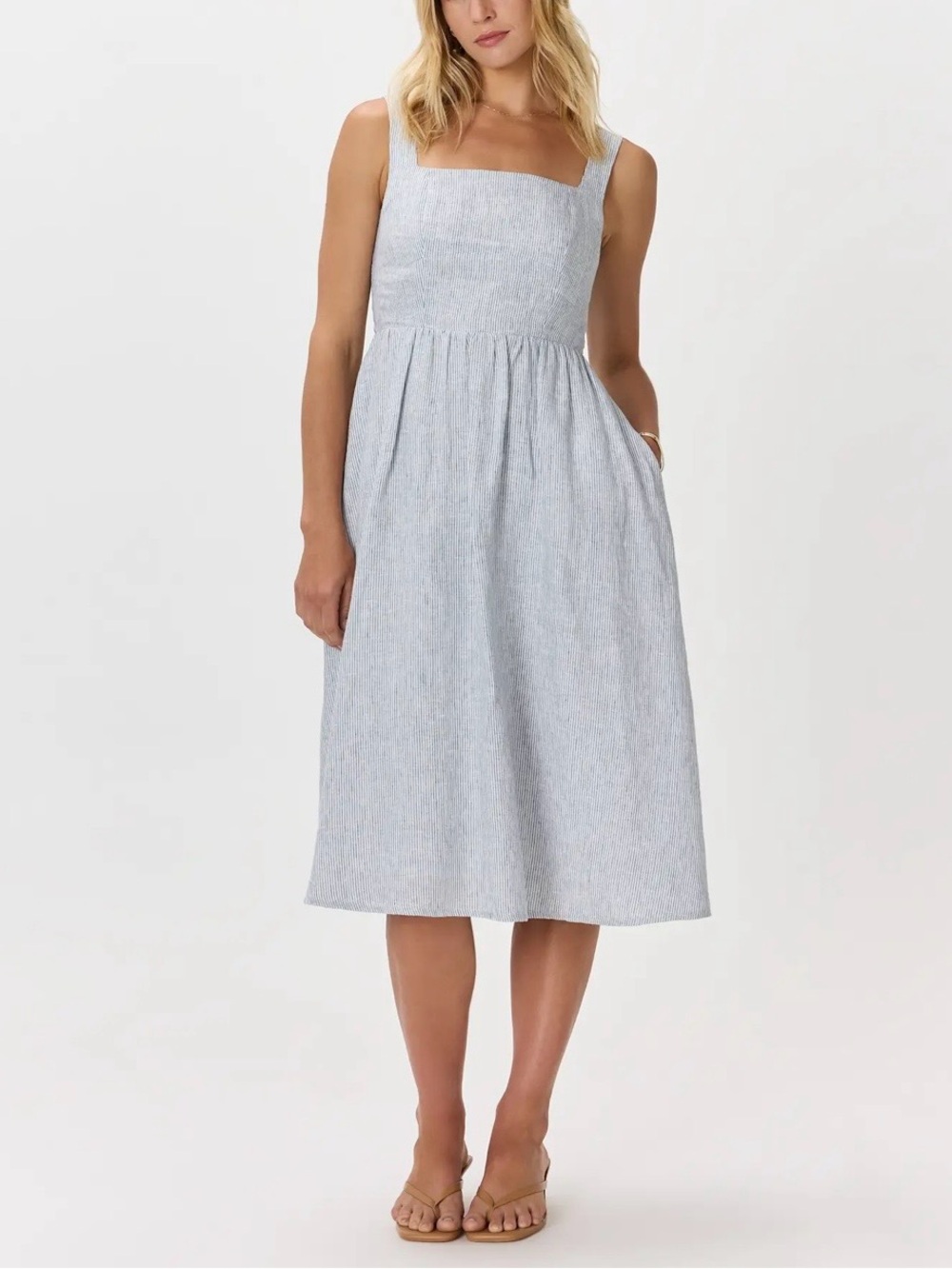 Quince European Linen Fit & Flare Midi Dress Blue Pinstripe M NWT